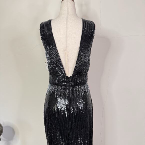 Burnett New York Sequin Beaded Deep V Gown Black Indigo Runway Dress Size 2 NWT - Picture 10 of 14